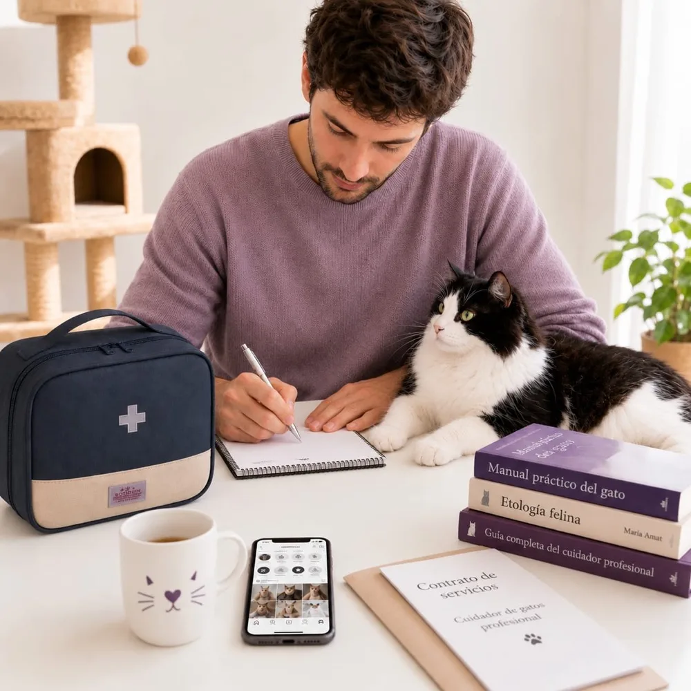 Catsitter planificando las visitas a domicilio junto a un gato blanco y negro