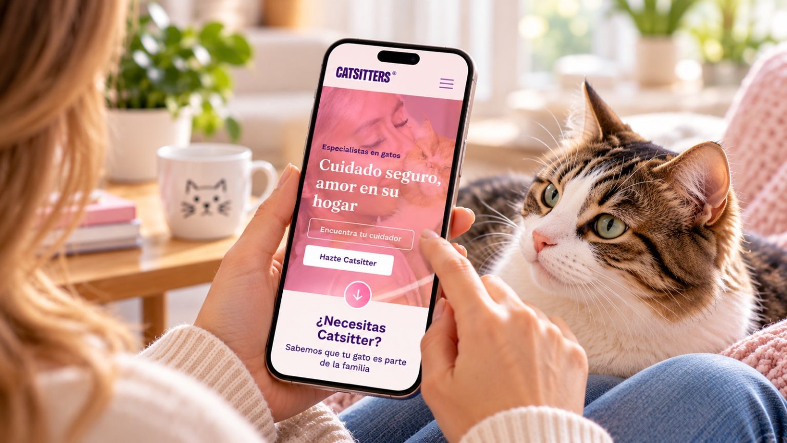 Tutora consultando la web de Catsitters® en el móvil junto a su gato atigrado en casa
